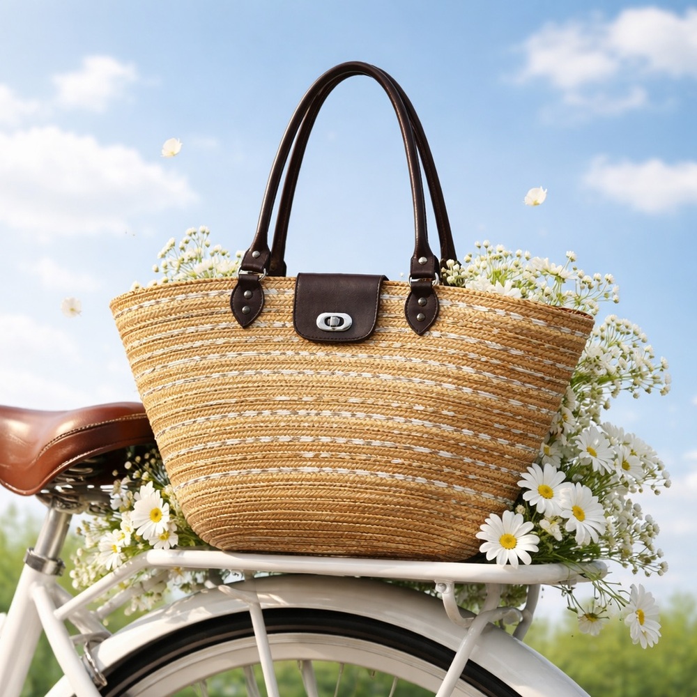 Woven Straw Tote Bag with Brown Leather Handles By Calypso For Target Limited